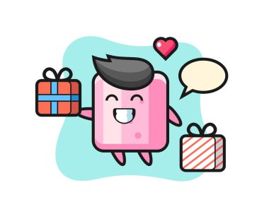 Marshmallow maskot çizgi filmi hediyeyi veriyor. Tişört, çıkartma, logo elementi için şirin bir tasarım.