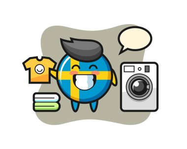 Çamaşır makineli İsveç bayrağı karikatürü, tişört, çıkartma, logo elementi için şirin bir tasarım.