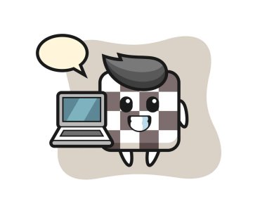 Dizüstü bilgisayarlı satranç tahtası maskotu tasarımı, tişört, etiket, logo elementi için şirin tasarım