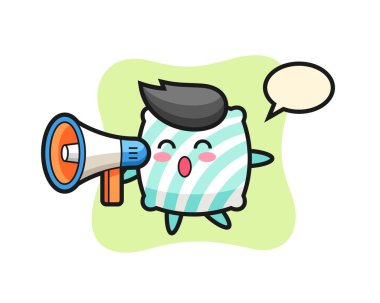 Yastık karakteri çizimi elinde megafon, tişört, etiket, logo elementi için şirin bir tasarım tutuyor.