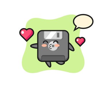 Disket karakteri, öpüşme jestli, tişört, etiket, logo elemanı için şirin bir tasarım.