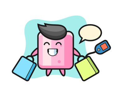 Marshmallow maskot karikatürü bir alışveriş çantası tutuyor, tişört, çıkartma, logo elementi için şirin bir tasarım.