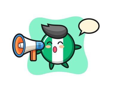 Nijerya bayrak rozet çizimi elinde megafon, tişört, etiket, logo elementi için şirin bir tasarım.