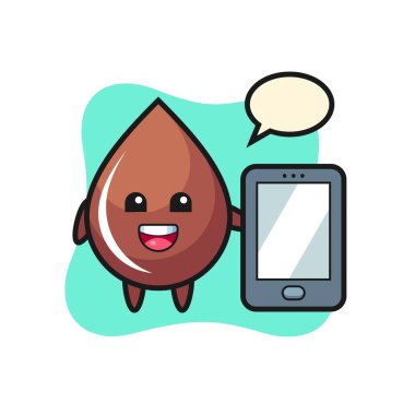 Çikolata damlası maskotu illüstrasyonunda akıllı telefon, tişört, çıkartma, logo elementi için şirin bir tasarım.