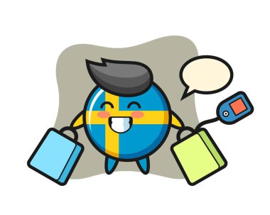 İsveç bayrağı maskotu elinde bir alışveriş çantası, tişört, çıkartma, logo elementi için şirin bir tasarım.