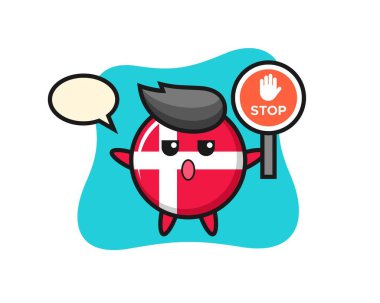 Danimarka bayrağı rozet çizimi elinde dur işareti, tişört, etiket, logo ögesi için şirin tasarım