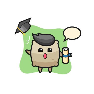 Mezuniyette şapkayı fırlatan çuval karikatürü tişört, çıkartma, logo elementi için şirin bir tasarım.