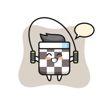 Satranç tahtası karakter çizgi filmi, ip atlama, tişört, etiket, logo ögesi için şirin bir tasarım.