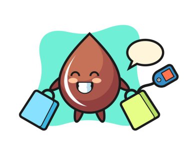 Çikolata damlası maskotu elinde alışveriş çantası, tişört, çıkartma, logo elementi için şirin bir tasarım.