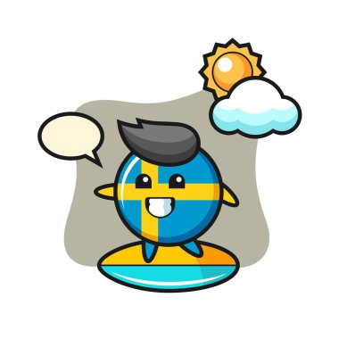 İsveç bayrağı karikatürü. Plajda sörf yap. Gömlek, çıkartma, logo elementi için şirin bir tasarım.
