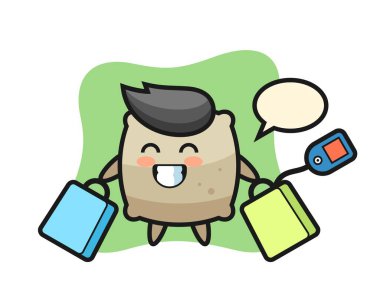 Poşet tutan maskot karikatürü, tişört, çıkartma, logo elementi için şirin bir tasarım.