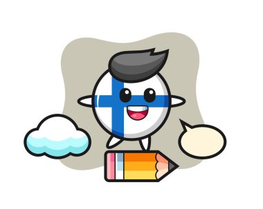 Finlandiya bayraklı rozet maskotu çizimi dev bir kaleme biniyor. Tişört, çıkartma, logo elementi için şirin bir tasarım.