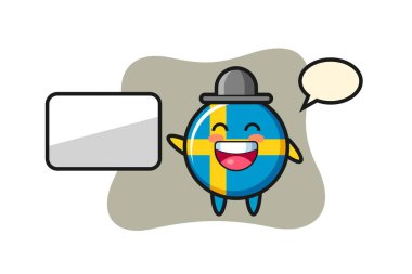 İsveç bayrağı karikatür çizimi sunum yapıyor, tişört, etiket, logo elementi için şirin bir tasarım.