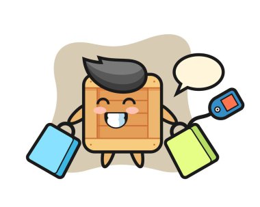 Alışveriş çantası tutan tahta kutu maskotu karikatürü, tişört, çıkartma, logo elementi için şirin bir tasarım.