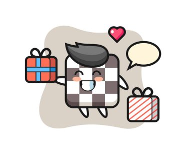 Satranç maskot karikatürü hediyeyi veriyor. Tişört, çıkartma, logo elementi için şirin bir tasarım.