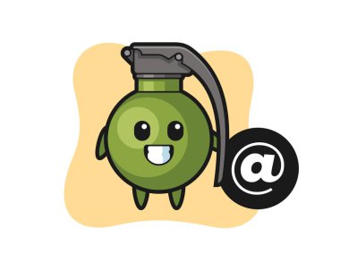 Sembolün yanında duran el bombasının çizgi film çizimi tişört, çıkartma ve logo elementleri için şirin bir tasarım.