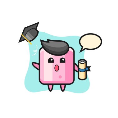 Marshmallow çizgi filminin mezuniyette şapkasını fırlatması tişört, çıkartma, logo elementi için şirin bir tasarım.