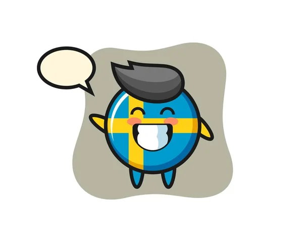 Drapeau Suédois Badge Personnage Dessin Animé Faisant Vague Geste Main — Image vectorielle