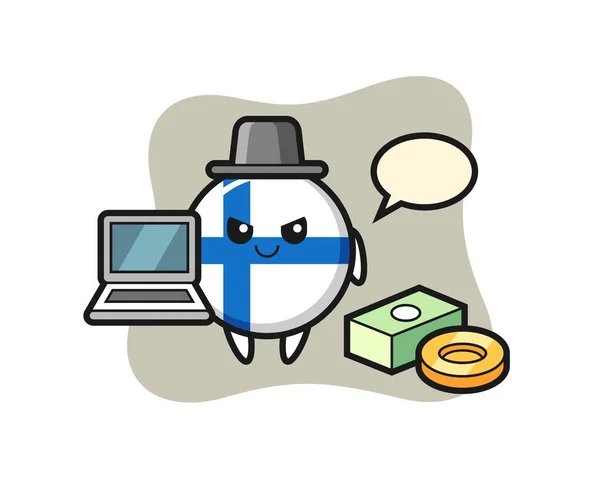 Maskoten Illustration Finska Flaggan Märke Som Hacker Söt Stil Design — Stock vektor