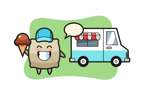 Caricatura Mascota Del Saco Con Camión Helados Diseño Estilo Lindo — Vector de stock