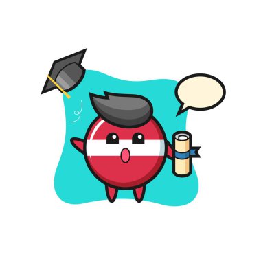 Mezuniyet töreninde şapkayı atan Letonya bayrağı karikatürü tişört, çıkartma, logo elementi için şirin bir tasarım.