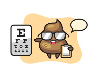 Göz doktoru olarak kaka maskotu tasviri, tişört, etiket, logo elementi için şirin bir tasarım.