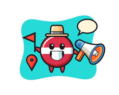 Tur rehberi olarak Letonya bayrağı karikatürü, tişört, etiket, logo elementi için şirin bir tasarım.