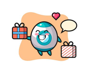 Roket maskotu karikatürü hediyeyi veriyor. Tişört, çıkartma, logo elementi için şirin bir tasarım.