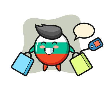 Bulgaria bayrağı maskotu elinde alışveriş çantası, tişört, çıkartma, logo elementi için şirin bir tasarım.