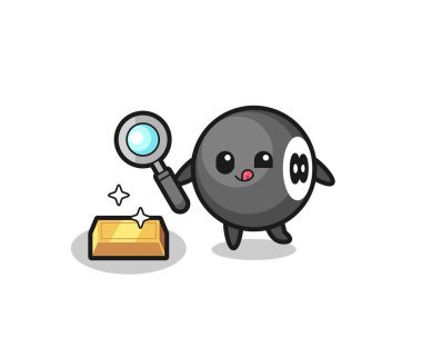 8 numaralı bilardo karakteri altın külçesinin orijinalliğini kontrol ediyor. Tişört, çıkartma, logo elementi için şirin bir tasarım.