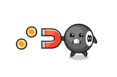 8 numaralı bilardo karakterinin elinde altın sikkeleri yakalamak için bir mıknatıs, tişört, çıkartma, logo elementi için şirin bir tasarım vardır.