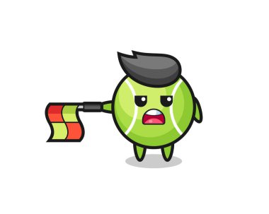 Tenis karakteri çizgi hakemi olarak bayrağı yatay tut, tişört, çıkartma, logo elementi için şirin bir tasarım.