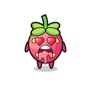 Sevimli bir çileğin aşık olma ifadesi kalp şeklinde gözleri, tişört, çıkartma, logo elementi için şirin bir tasarım.