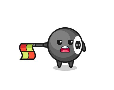 8 top bilardo karakteri çizgi hakemi olarak bayrağı yatay tutun, tişört, çıkartma, logo elementi için şirin bir tasarım yapın