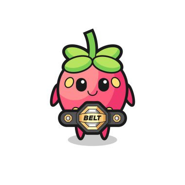 Kemerli MMA dövüşçüsü çilek maskotu. Tişört, çıkartma, logo elementi için şirin bir tasarım.