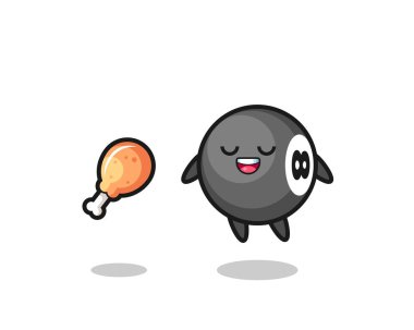 Sevimli 8 top bilardosu kızarmış tavuk, tişört, çıkartma, logo elementi için şirin bir tasarım yüzünden havada süzülüyor.