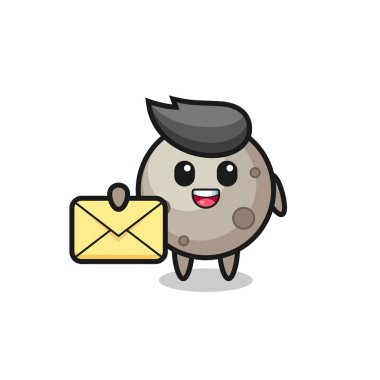 Sarı bir harf taşıyan ayın çizgi film çizimi, tişört, çıkartma, logo elementi için şirin bir tasarım.