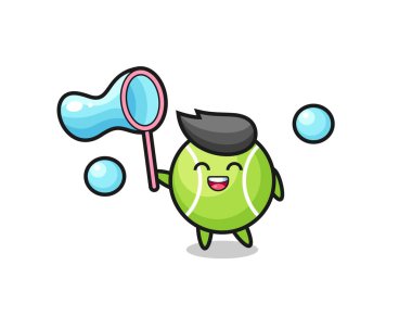 Mutlu tenis karikatürü sabun köpüğü oynuyor, tişört, çıkartma, logo elementi için şirin bir tasarım.