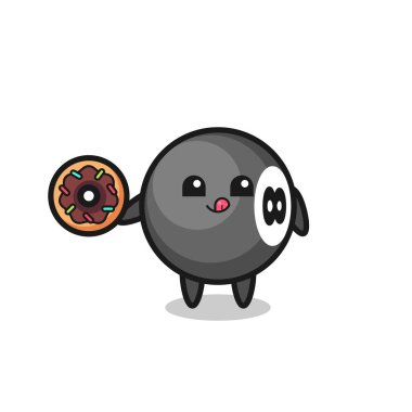 8 numaralı bilardo karakterinin çörek yediğini gösteren bir resim. Tişört, çıkartma, logo elementi için şirin bir tasarım.