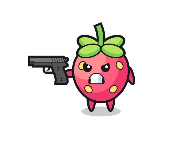 Cute Strawberry Character Shoot Gun Cute Style Design Shirt Sticker — Stock Vector