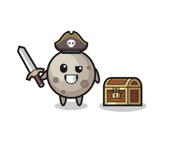 Moon Pirate Character Holding Sword Treasure Box Cute Style Design — Stock Vector