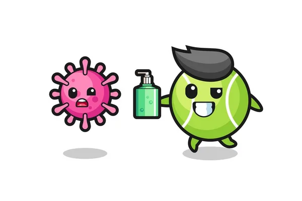 Illustration Tennis Character Chasing Evil Virus Hand Sanitizer Cute Style — Stock Vector