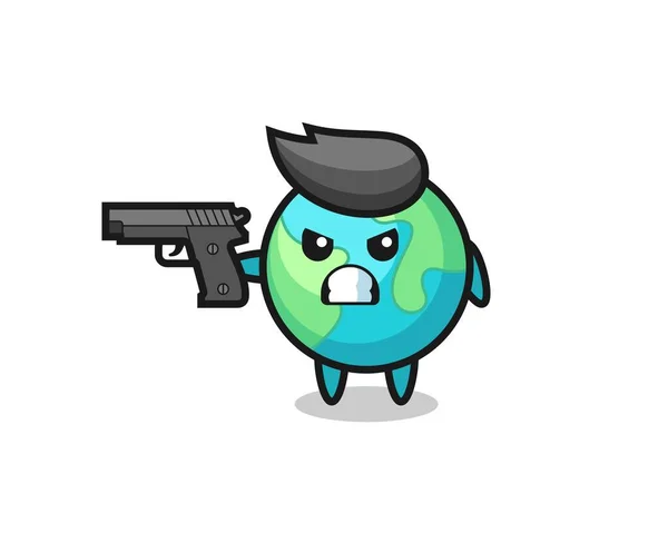 Cute Earth Character Shoot Gun Cute Style Design Shirt Sticker — Stock Vector
