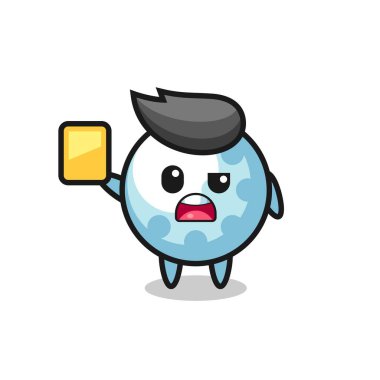 Futbol hakemi rolündeki golf karakteri sarı kart veriyor. Tişört, çıkartma, logo elementi için şirin bir tasarım.