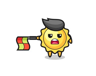 Güneş karakteri çizgi yargıcı bayrağı yatay tut, tişört, etiket, logo elementi için şirin tasarım