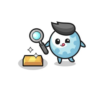 Golf karakteri altın külçesinin orijinalliğini kontrol ediyor. Tişört, çıkartma, logo elementi için şirin bir tasarım.