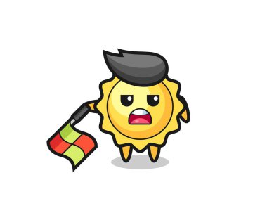 Güneş karakteri çizgi yargıcı bayrağı 45 derecelik açıyla aşağıda tut, tişört, çıkartma, logo elementi için şirin bir tasarım.