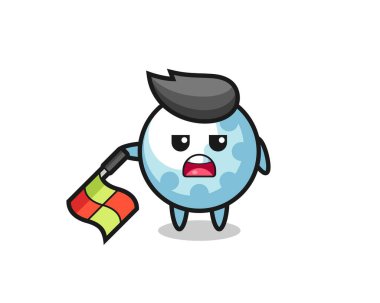 Çizgi hakimi olarak golf karakteri bayrağı 45 derecelik açıyla aşağıda tutun. Tişört, çıkartma, logo elementi için şirin bir tasarım.