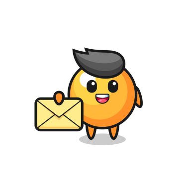 Ping pong topunun sarı bir harf, tişört, etiket ve logo için şirin bir tasarım taşıdığı karikatür çizimi.