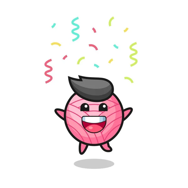Happy Yarn Ball Mascot Jumping Congratulation Colour Confetti Cute Style — Stock Vector
